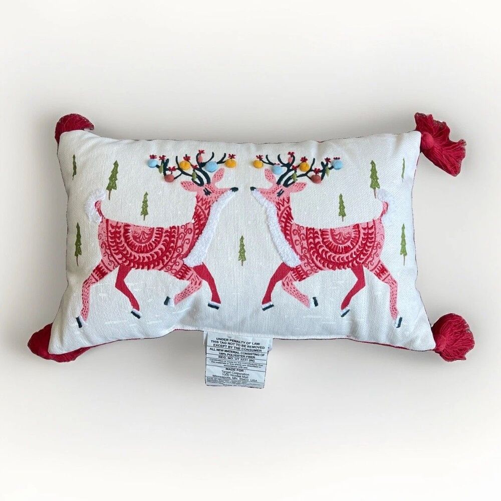 Threshold 2 Christmas Reindeer Embroidered Pom Pom Lumbar Pillows 12x20 Target